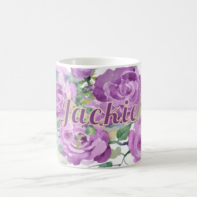 Mug Aquarelle violette personnalisée Nom floral Café (Centre)