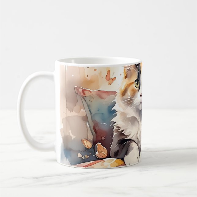 Mug Aquarelle Whimsical Calico Chat et Papillons (Gauche)