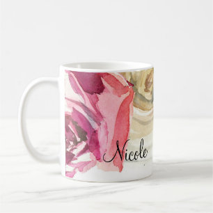Mug Aquarelles Roses Rose & Blanc Chic Floral Glam