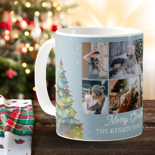 Mug Arbre de Noël Aquarelle Famille 6 Photo Collage