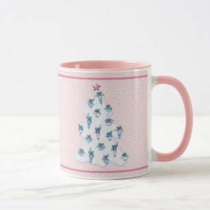 Mug Arbre de Noël blanc avec Aquarelle Ornements rose