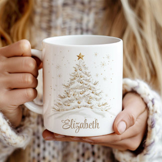 Mug Arbre de Noël en or et blanc avec nom