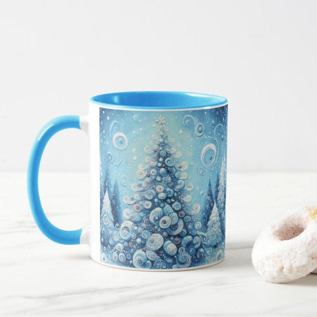 Mug Arbre de Noël impressionniste Whimsical Bleu (Avec donut)