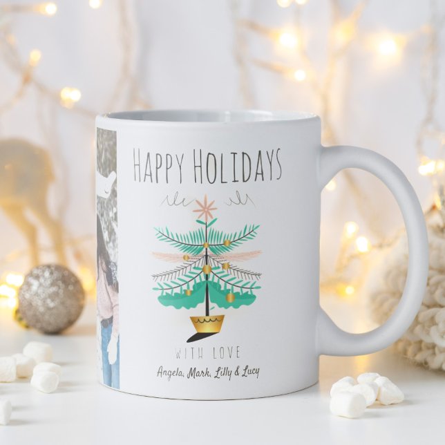 Mug Arbre de Noël Retro Pastel Happy Holiday Photo (Cute retro teal pink Christmas tree with Happy Holiday message at the top with who it is from.)