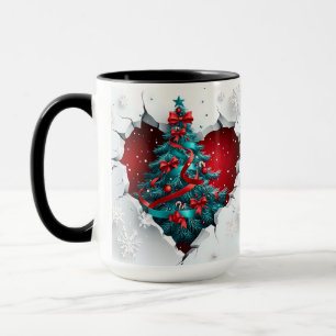 Mug Arbre de Noël Vintage, Rouge/Turquoise - Poignée n