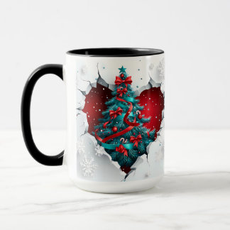Mug Arbre de Noël Vintage, Rouge/Turquoise - Poignée n
