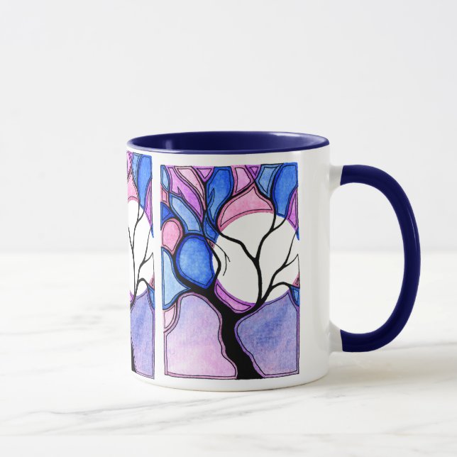 Mug Arbre et lune d'aquarelle - bleu et rose (Droite)