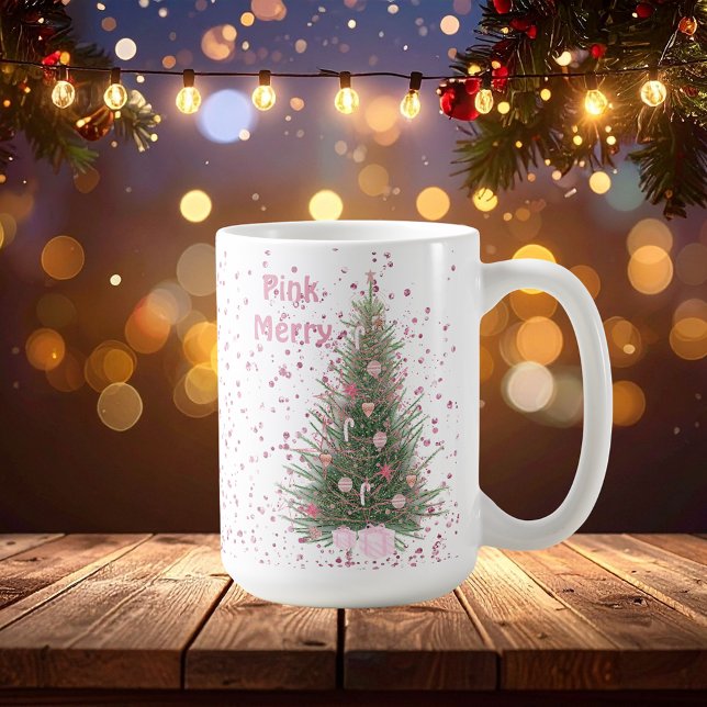 Mug Arbre rose "Joyeux" de Noël rose Pine Customisé ("Pink Merry" I Christmas Pine Tree Personalized Coffee Mug)