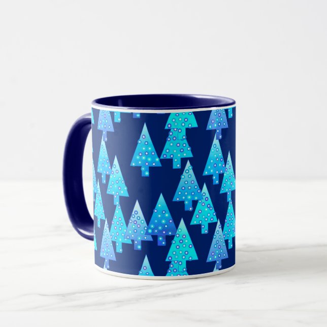 Mug Arbres de Noël Fleurs Modernes, Bleu Profond (Devant gauche)