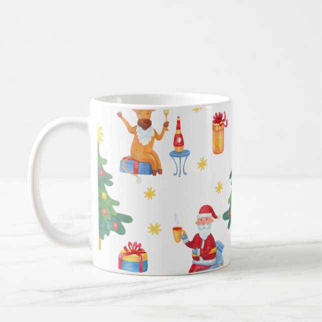Mug Arbres de Noël, Père Noël : motif aquarelle. (Gauche)