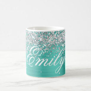 Mug Argent Personnalisé Paillettes Turquoise Feuille