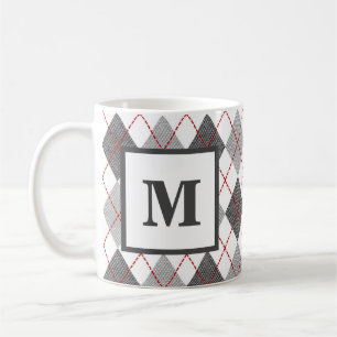Mug Argyle à carreaux rouge gris argent Monogramme