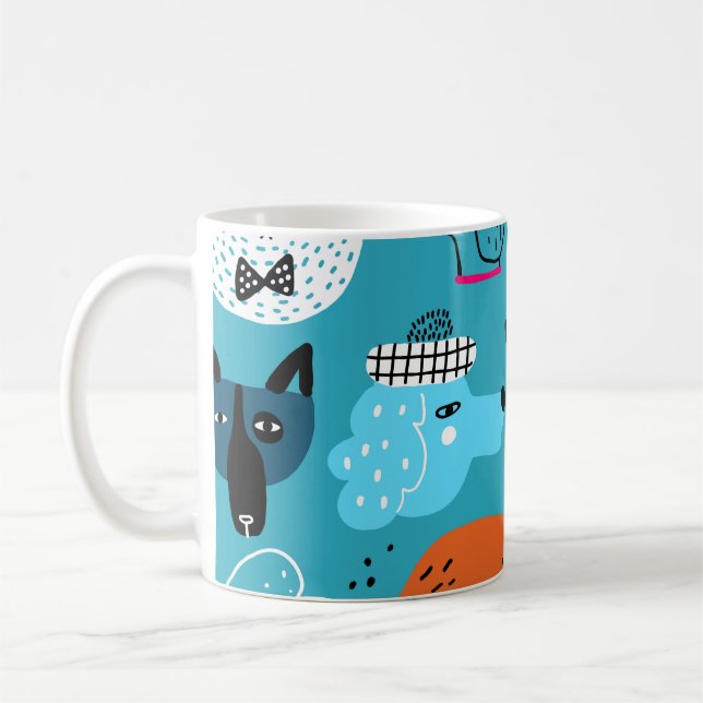 Mug Arrière - plan bleu, Motif de chien joueur. (Gauche)