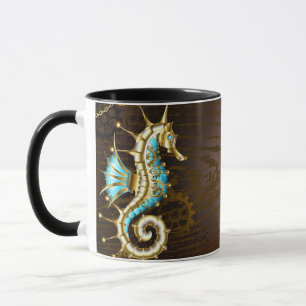 Mug Arrière - plan en bois avec cheval de mer mécaniqu