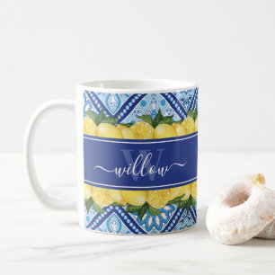 Mug Arrière-plan en carreaux bleu citron Nom Monogramm