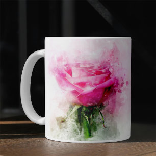 Mug Art aquarelle de rose rose sur fond blanc