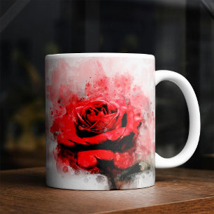 Mug Art aquarelle d'une rose rouge sur fond blanc