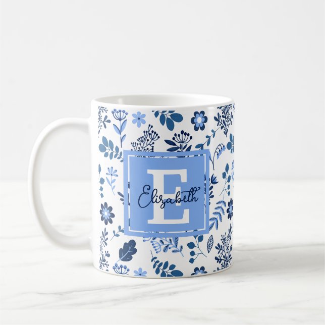 Mug Art Botanique Moderne Folk Art Bleu Blanc Nom (Gauche)