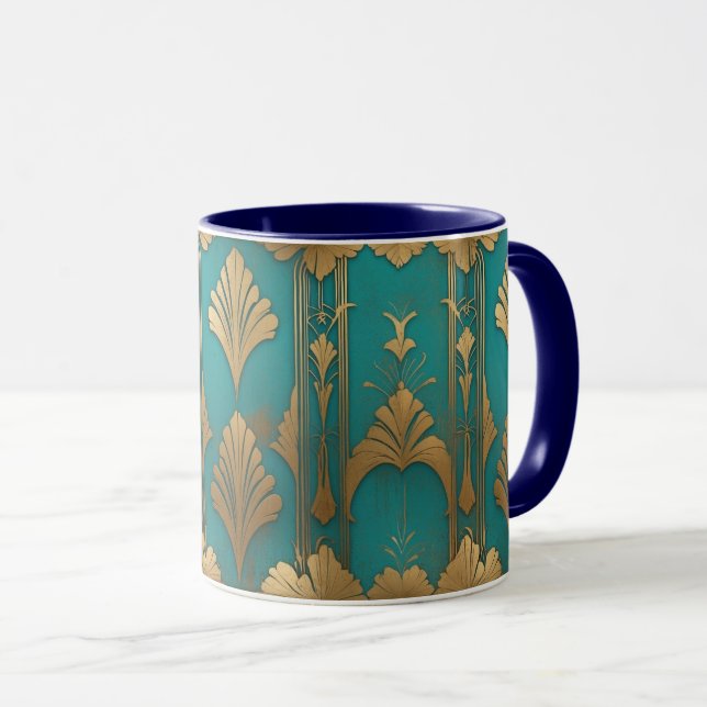 Mug Art Déco En Bleu Et Or (Devant droit)