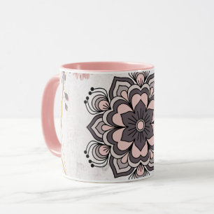 Mug Art floral Rangoli, rose et gris harmonie apaisant