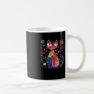Mug Art Folk Coloré Illustration De Chat Avec L'Ele Fl
