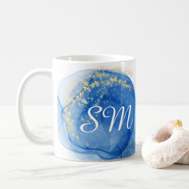 Mug Art moderne Blue and Gold Alcok Ink Nom personnali (Avec donut)