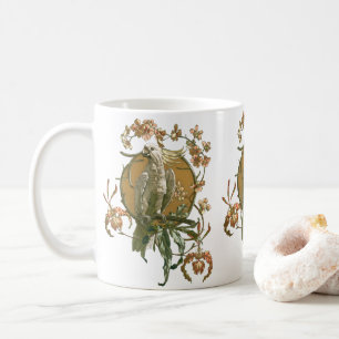 Mug Art Nouveau vintage, Cockatoo Bird, Fleurs d'orchi