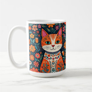 Mug Art populaire Whimsical Chat et Fleurs