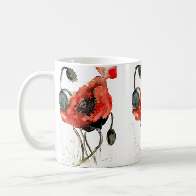 Mug Artsy rouge aquarelle fleurs de pavot (Gauche)