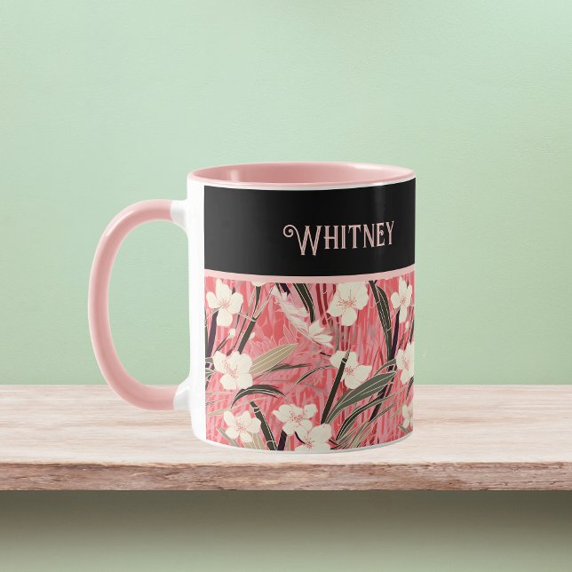 Mug Asian Floral Pink Peach White Chinoiserie Monogram (Créateur téléchargé)