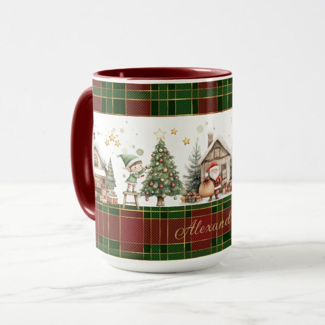 Mug Atelier père Noël Elves Red Green Plaids Noël (Devant gauche)