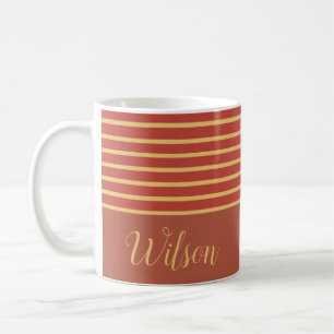 Mug Automne Brûlé Orange et Or Nom de famille rayé