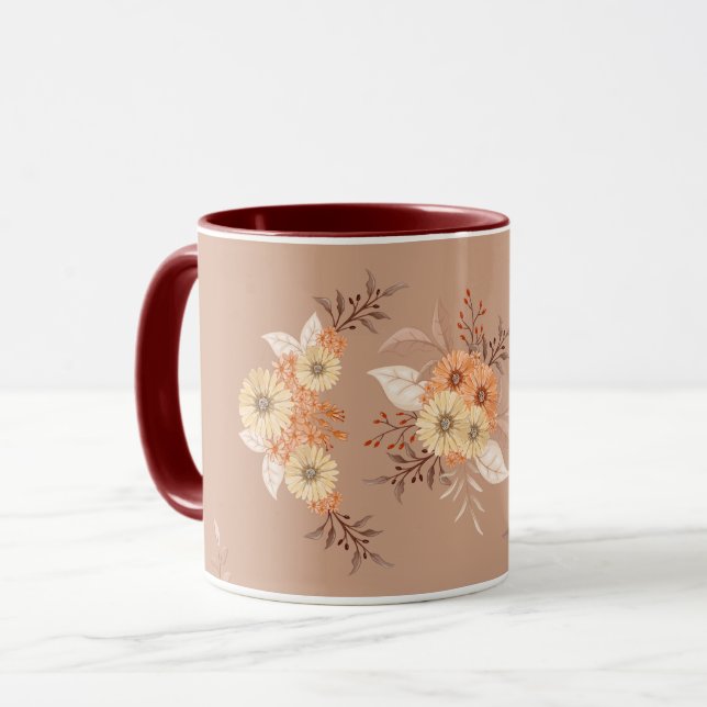 Mug Autumn Bloom – Warm Beige & Orange Floral Art (Devant gauche)