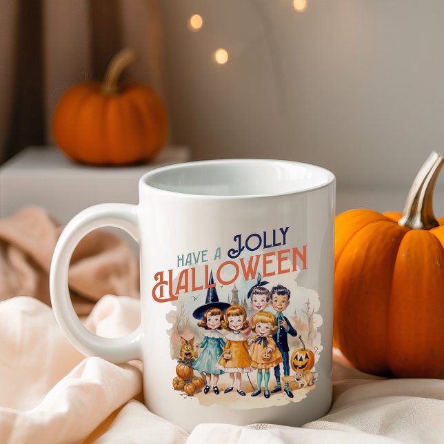 Mug Avoir Jolly Halloween mignonne Vintage (Vintage 'Have A Jolly Halloween' Double Sided Coffee Mug With Retro Looking Trick-or-Treater Kids)