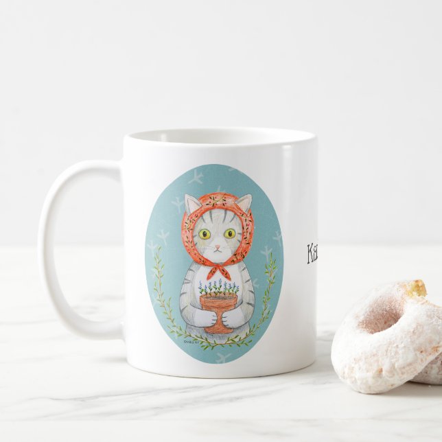Mug Babushka Cat Gray Tabby Cat Gift Custom Name   (Avec donut)
