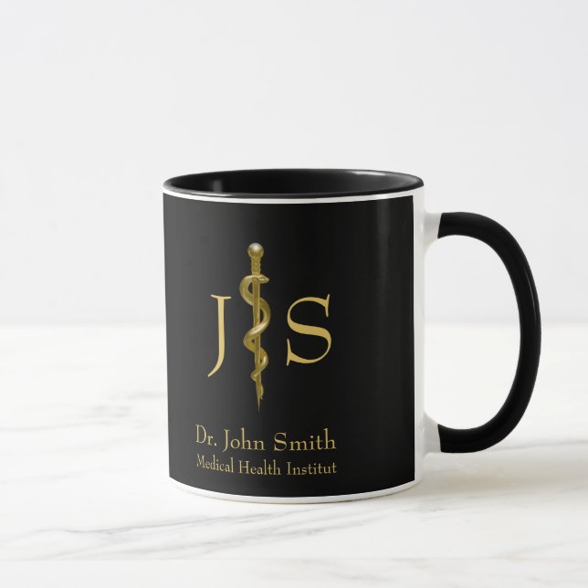 Mug Bague d'Asclepius Médicale Classy Gold sur Noir (Droite)