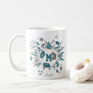 Mug ballons de football étoiles gris turquoise son nom