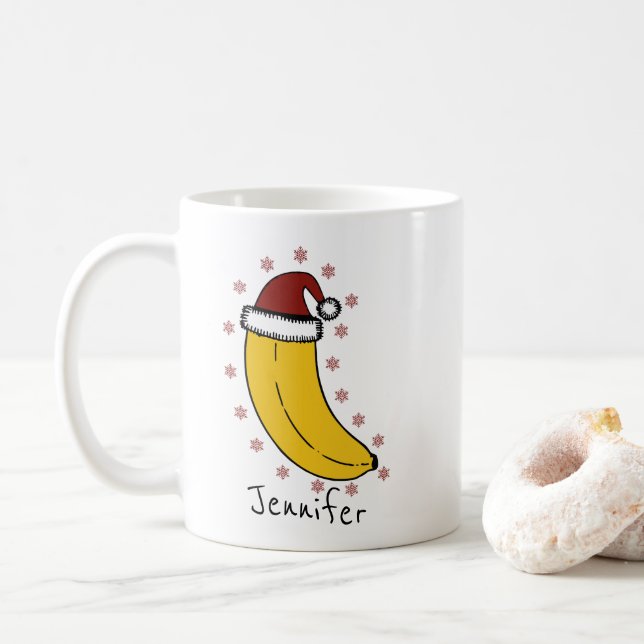 Mug Banane avec casquette de Noël Nom personnalisé (Avec donut)