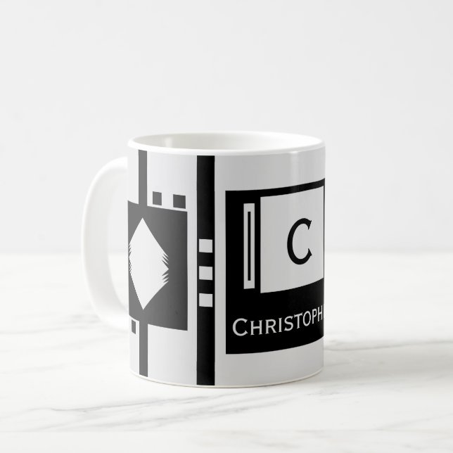 Mug Bandes diamant gris et noir Nom carré (Devant gauche)