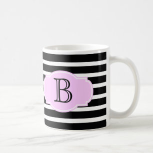 Mug Bandes noires et blanches avec rose, ajouter initi