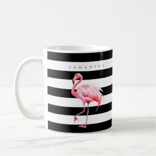 Mug Bandes noires et blanches Flamant rose rose Nom pe