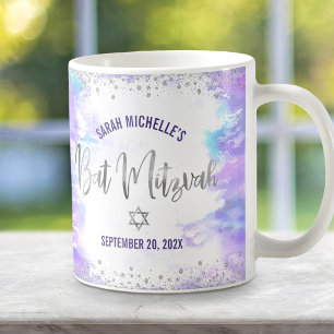 Mug Bar Mitzvah Violet Aquarelle Argent Écriture Moder