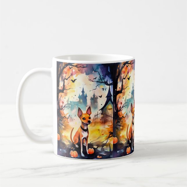 Mug Basenji D'Halloween Avec Peur Citrouille (Gauche)