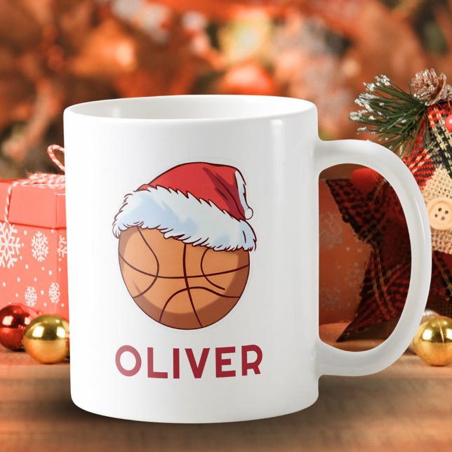 Mug Basketball Ball Red Santa Hat Name Christmas  (Créateur téléchargé)