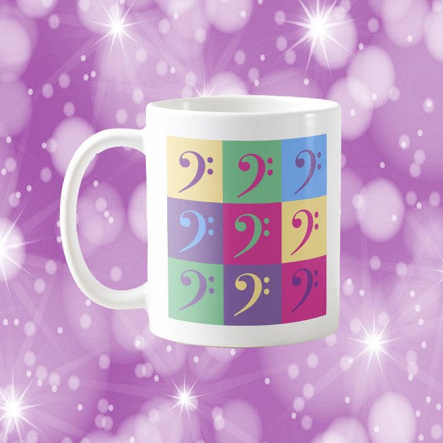 Mug Bass Clef Motif coloré (A mug with a pattern of bass clef symbols in purple, yellow, green, blue and pink)
