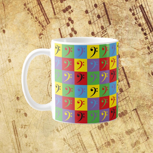Mug Bass Clef Music Pop Art Rainbow Motif (A mug with a pop art pattern of bass clef music symbols)