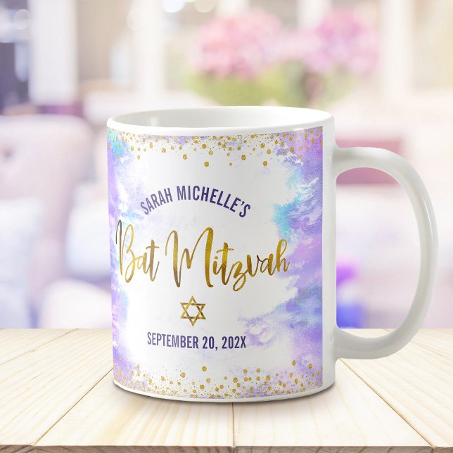 Mug Bat mitzvah Purple Aquarelle Gold Script Confetti (Créateur téléchargé)