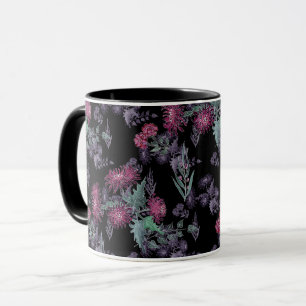 Mug Beau chrysanthème fleurs rouges vert gris lea