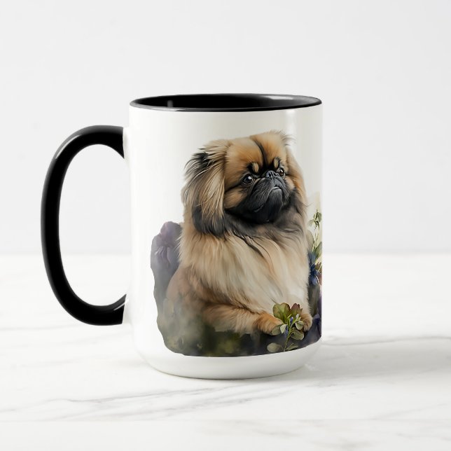 MUG BEAU COULEUR D'EAU PEKINGESE CHIEN & FLEURS (Gauche)