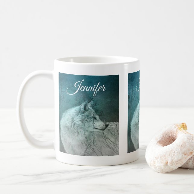Mug Beau loup gris dans une forêt foncée (Avec donut)